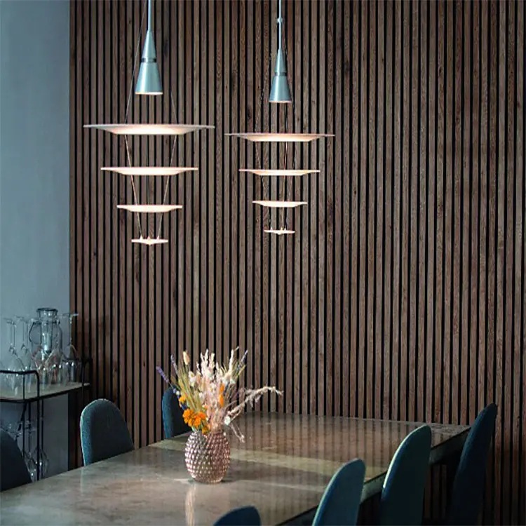 Wood slat wall panels in a dining room interior