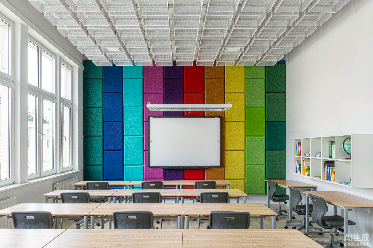 Classroom with PET acoustic wall panels and ceiling clouds