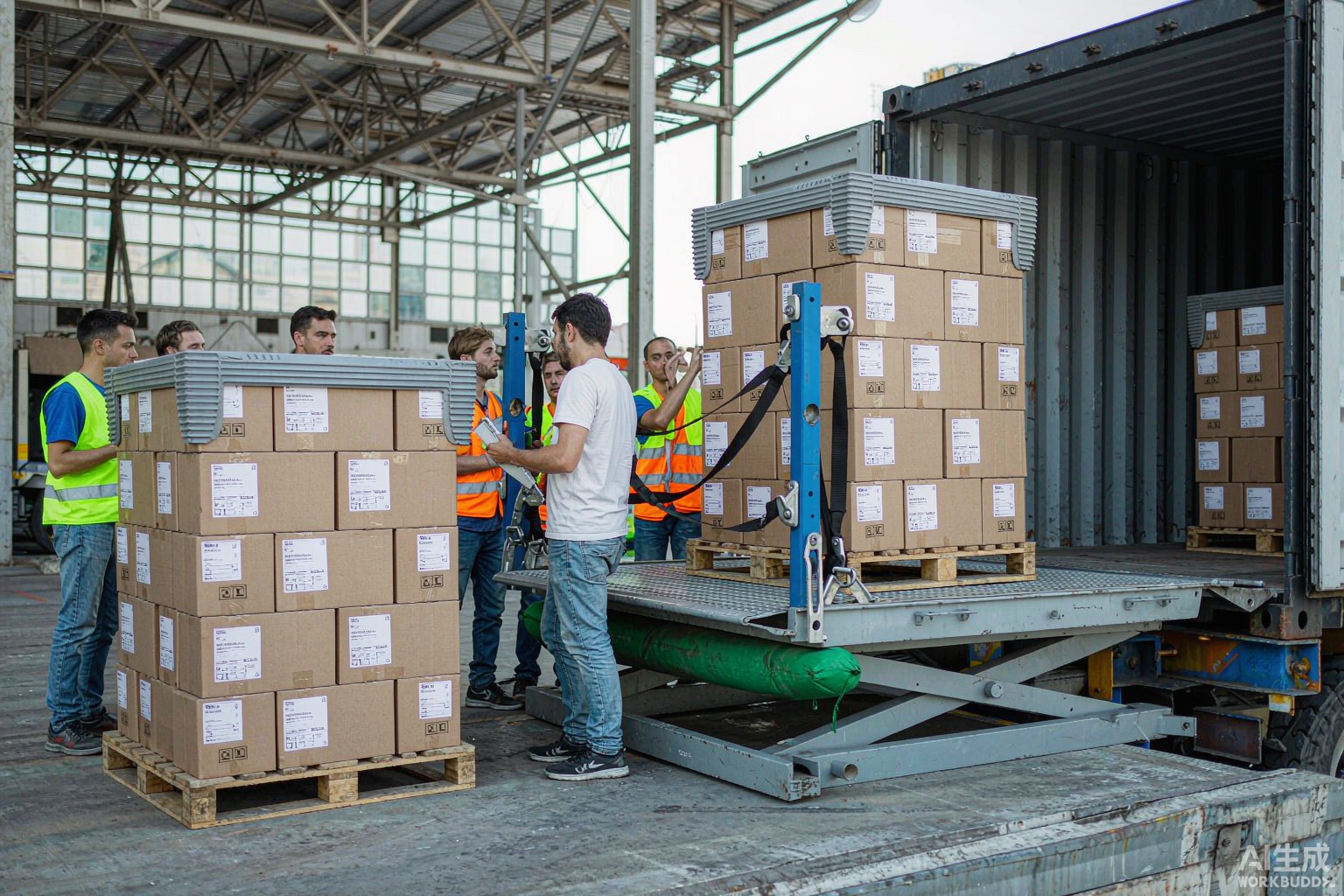 Workers loading palletized acoustic panels into a shipping container