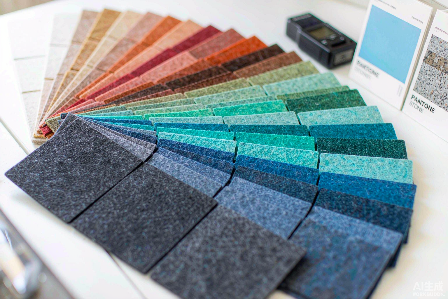 PET felt color samples and measurement tools on a workbench