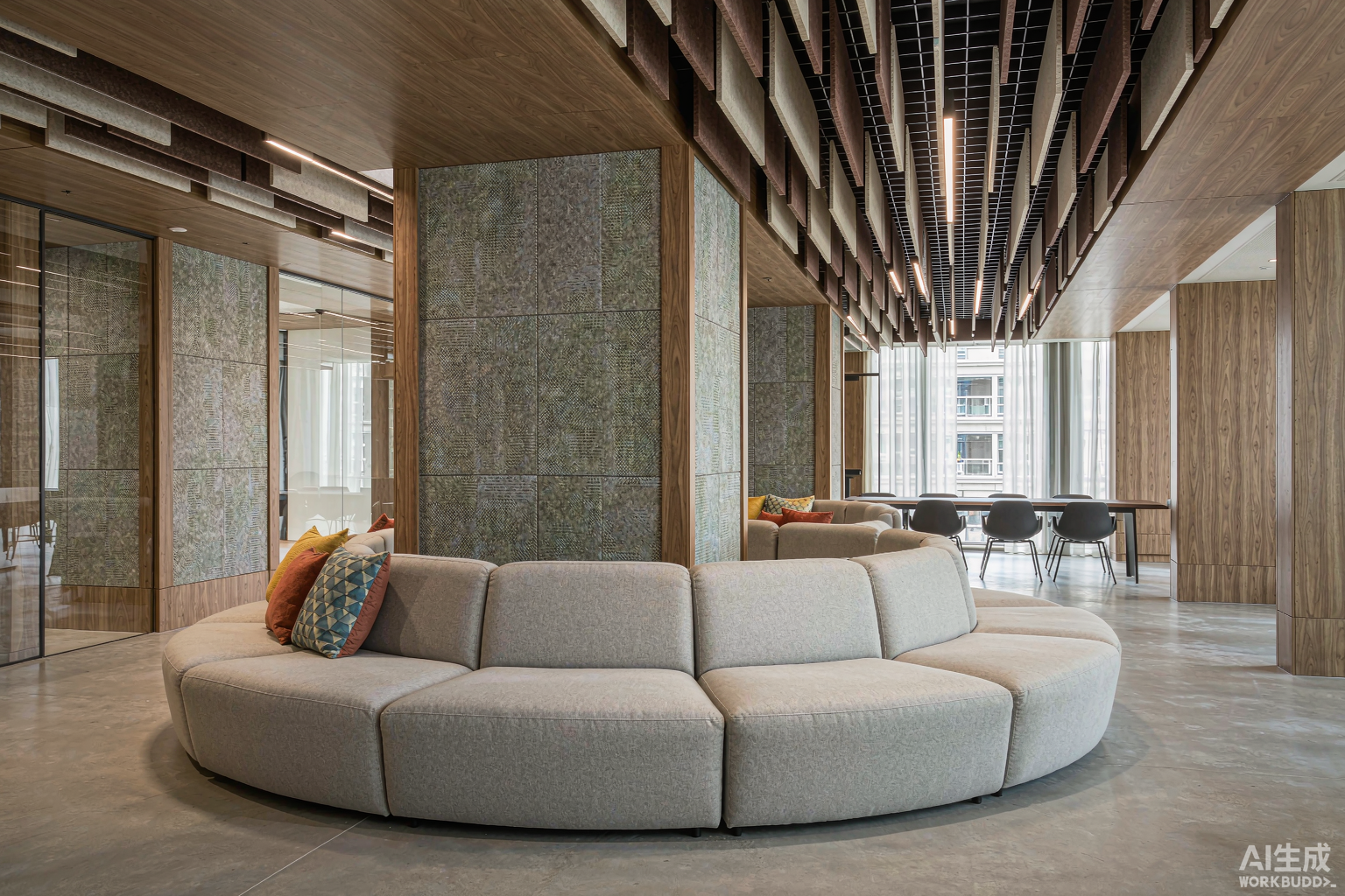 Vertical acoustic baffles suspended over a modern office meeting zone