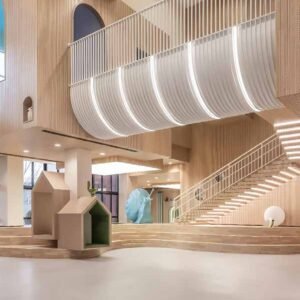 Timber slat acoustic ceiling with lighting