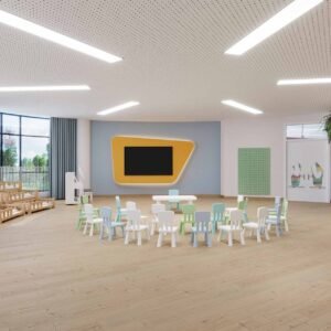Wooden slat acoustic ceiling in multi-purpose hall