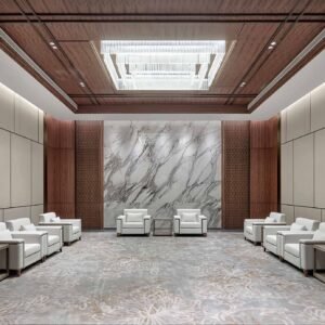 Fabric wrapped acoustic panels in meeting room