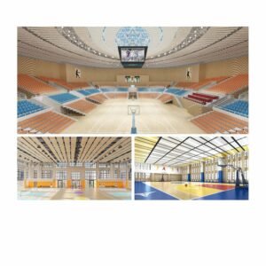 Acoustic baffles in sports hall ceiling