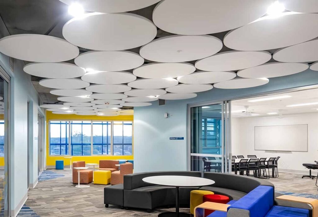 Glass fibre acoustic ceiling tiles installed in a hall - MST Acoustic