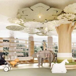 Wood wool acoustic ceiling in children activity hall
