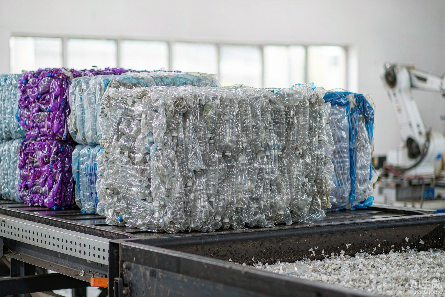Bales of recycled PET bottles ready for processing