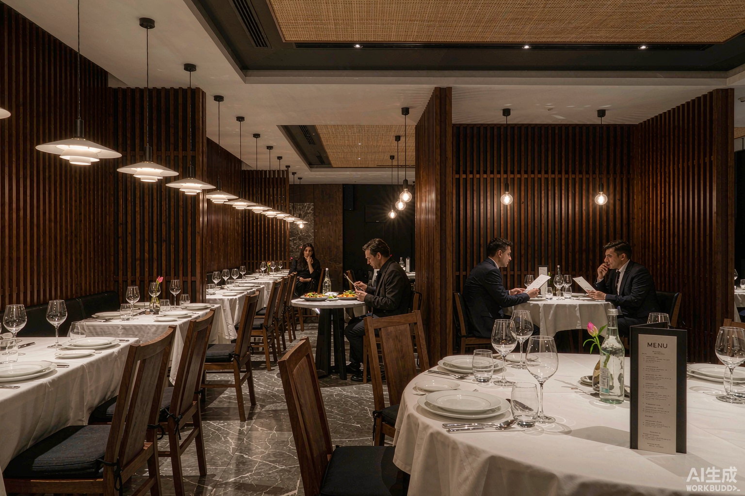 Restaurant interior with wood slat acoustic panels
