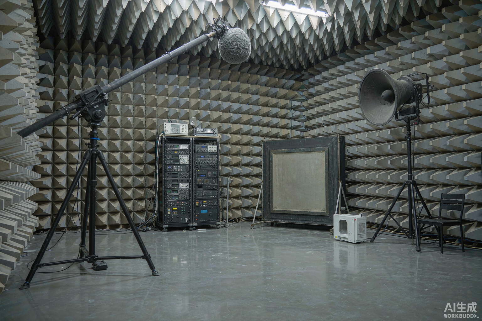 Reverberation test room with measurement microphone and sound source