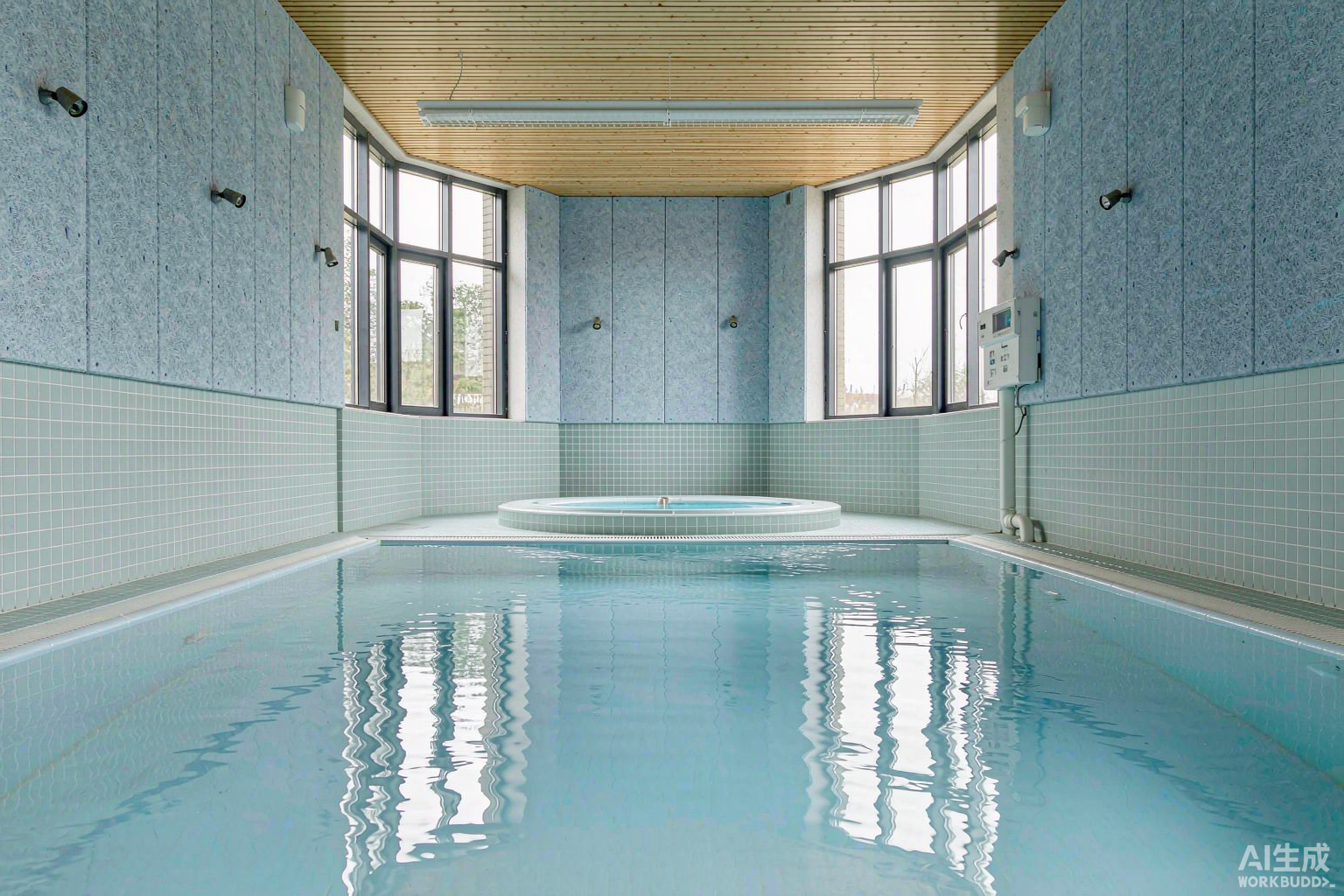 Light blue PET acoustic panels in a humid indoor pool environment